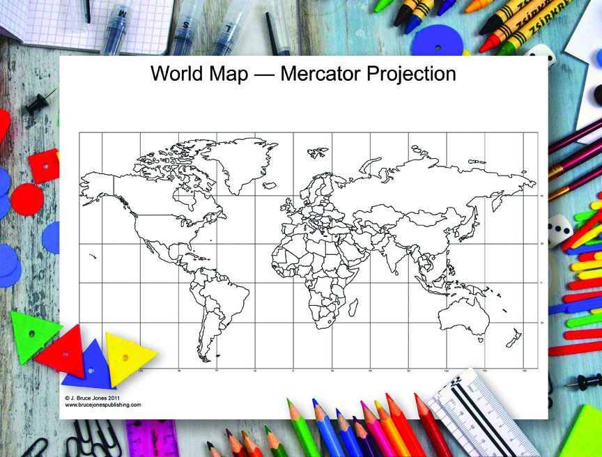 World Mercator globe projection, long and lat lines. jpg format