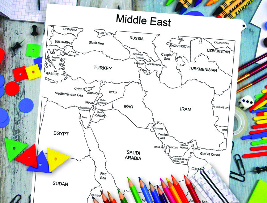 middle East map with names and country borders