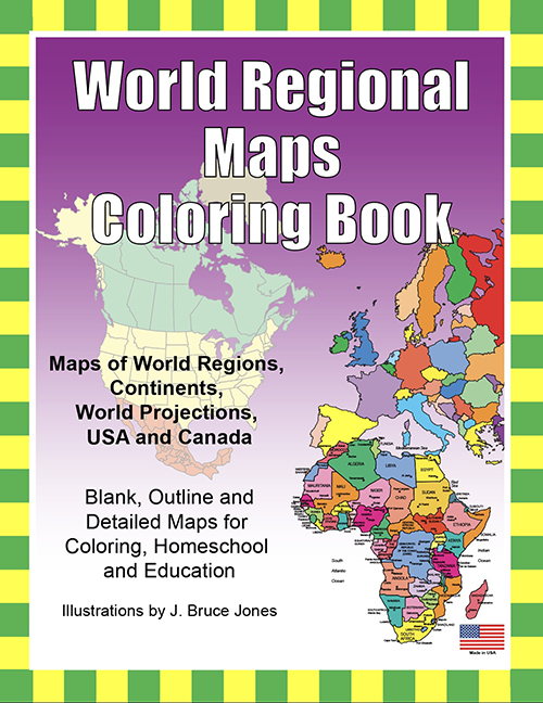 World Regional Maps Coloring Book, World Regions, Continents, World Projections USA and Canada