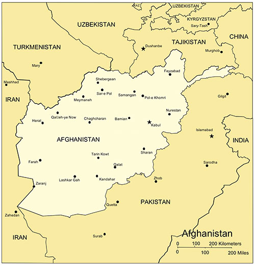 Afghanistan Country Map, Capitals. Names. Edit with PowerPoint or Adobe Illustrator, includes a JPG version
