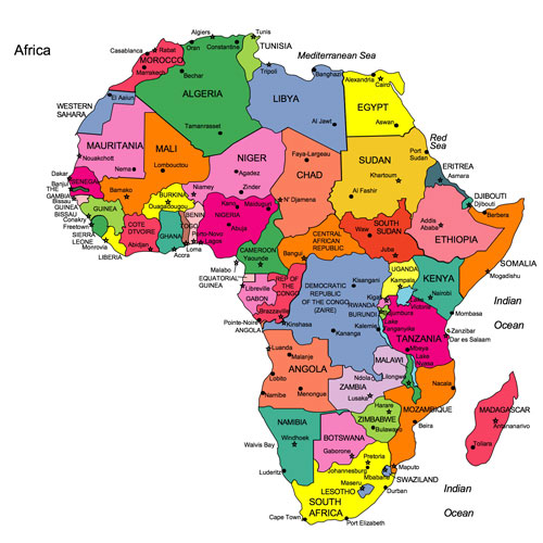 Africa color printable map with names, Includes Egypt, Ethiopia, Somalia, South Africa, Angola, Congo, Madagascar, Niger, Mali, Chad, Sudan, Libya, Algeria, Morocco, Kenya, Tanzania, Zambia, Cameroon, printable, royalty-free, jpg format.
