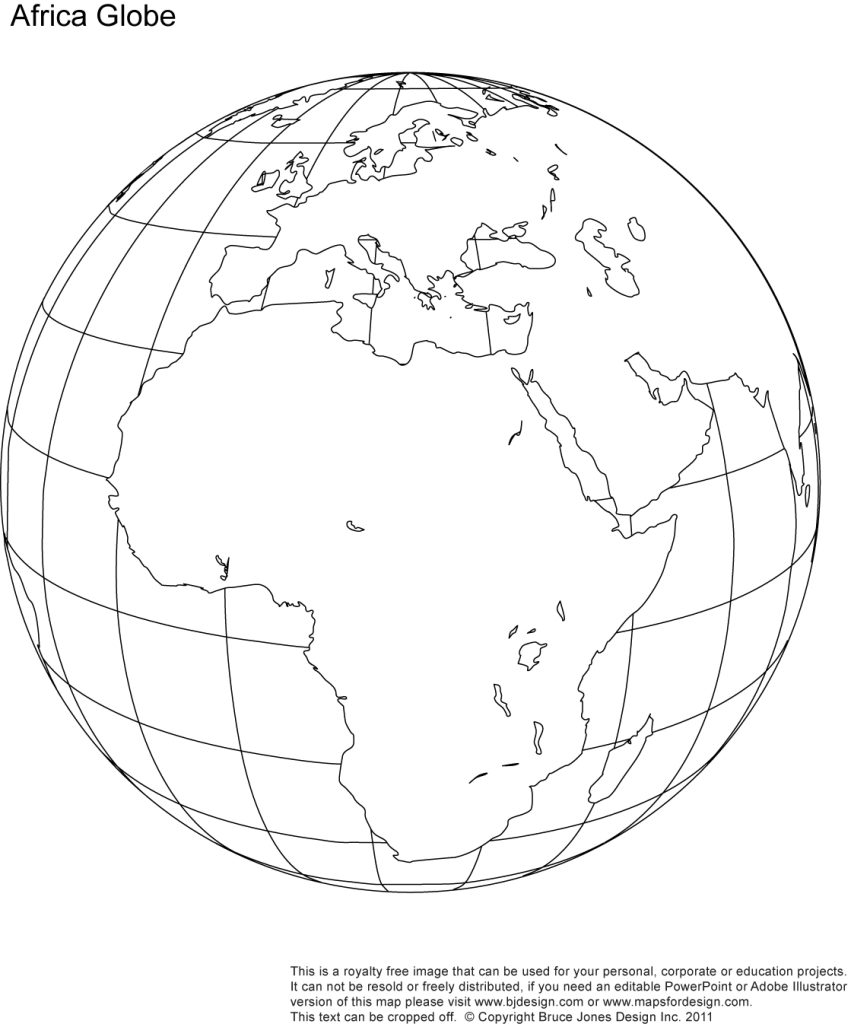 Printable Aftrica, Middle East Globe Blank Map, jpg format. This map can be printed out to make an 8.5 x 11 map. Shows Africa, Middle East, Europe, Mediterranean Sea, Atlantic Ocean, Indian Ocean.