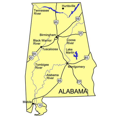 Alabama US State PowerPoint Map, Highways, Waterways, Capital and Major Cities