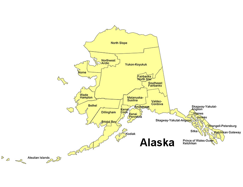 Alaska US State County Map with names