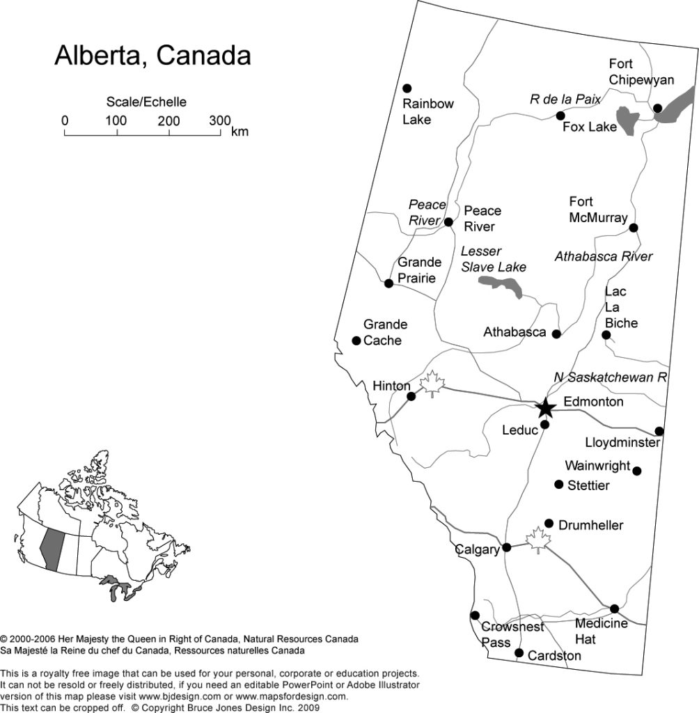 Printable, Blank Map of Alberta, Canada Province, includes the Capital, Major Cities, Major Highways, Waterways, and Lakes, royalty-free with jpg format, Will print out to make an 8.5 x 11 map. Capital Edmonton, Alberta, Canada, other cities, Medicine Hat, Hinton, Calgary.