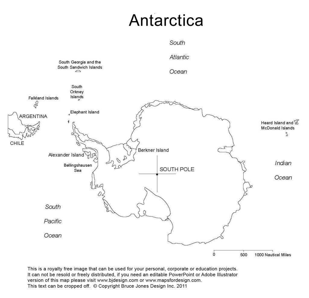 Antarctica, South Pole, Printable Blank Map, names, jpg format, This map can be printed out to make an 8.5 x 11 blank: Argentina, Austalia, New Zealand, Elephant Island, Berkner Island. Royalty Free.