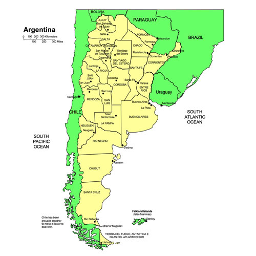 Argentina, Country Map, Capital City, Names. Editable in PowerPoint and Adobe Illustrator, plus JPG