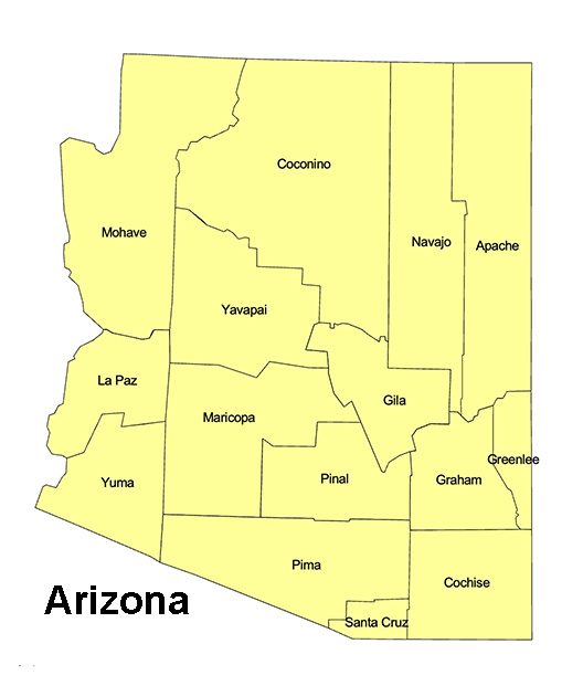 Arizona State County Map, capital Phoenix, Tucson, Flagstaff, printable, royalty free, jpg format