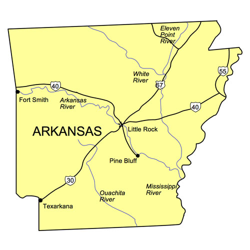 Arkansas State Map, capital Little Rock, Texarkana, Highways, Waterways, Capital and Major Cities. printable, royalty-free, jpg format