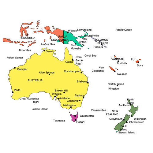 Australia and Oceania Regional Map, Names, Capitals, and Cities. Editable in PowerPoint, Adobe Illustrator, plus JPG format