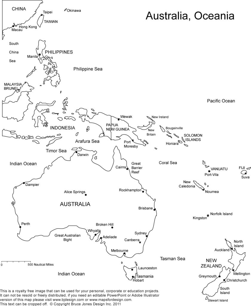 Australia and Oceania Printable Blank Map, Country borders and names, jpg format, This map can be printed out to make an 8.5 x 11 blank Australia, New Zealand, Indonesia, Phillippines, Taiwan, Indonesia, Papua New Guinea, Brunei, Maylsia. Royalty Free.