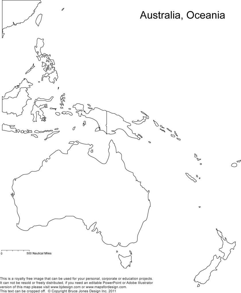 Australia and Oceania Printable Blank Map, Country borders but no names, jpg format, This map can be printed out to make an 8.5 x 11 blank Australia, New Zealand, Indonesia, Phillippines, Taiwan, Indonesia, Papua New Guinea, Brunei, Malaysia. Royalty-Free.