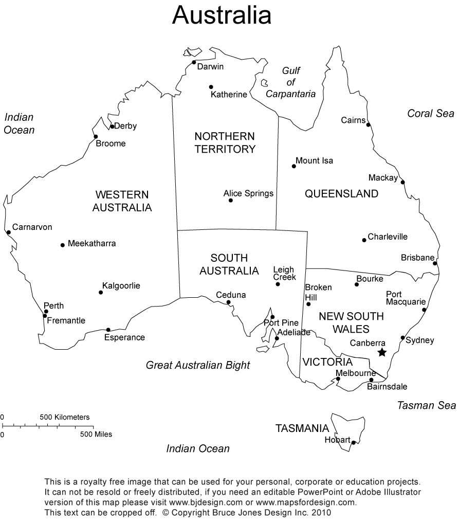 Royalty Free, Printable PDF, Blank, Australia Map, with administrative districts and names, jpg format. This map can be printed out to make an 8.5 x 11 printable map.