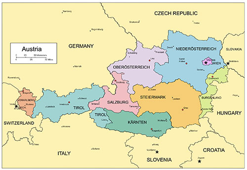 Austria Country Map, Administrative Districts, Capitals. Capitals and names. Edit with PowerPoint or Adobe Illustrator