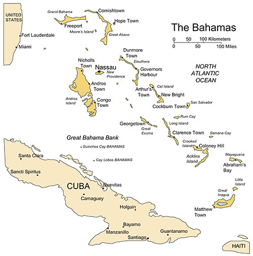 Bahamas, Country Map, Island, Administrative Districts, Capitals, names. Editable in PowerPoint and Adobe Illustrator, plus JPG image
