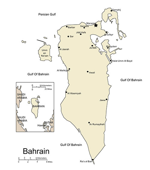 Bahrain Country Map, Capitals. Names. Edit with PowerPoint or Adobe Illustrator, includes a JPG version