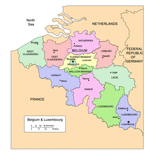 Belgium and Luxembourg Country Map, Administrative Districts, Capitals. Capitals and names. Edit with PowerPoint or Adobe Illustrator