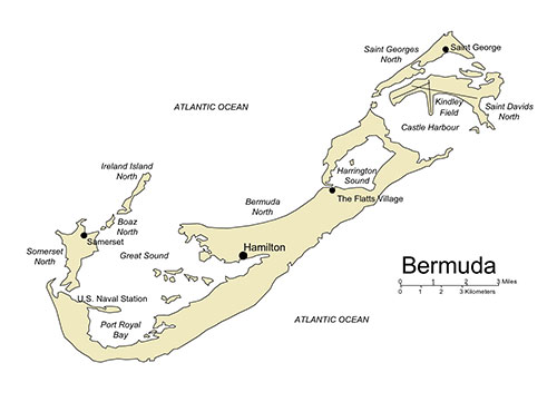 Bermuda, Country Map, Island, Administrative Districts, Capitals, names. Editable in PowerPoint and Adobe Illustrator, plus JPG image