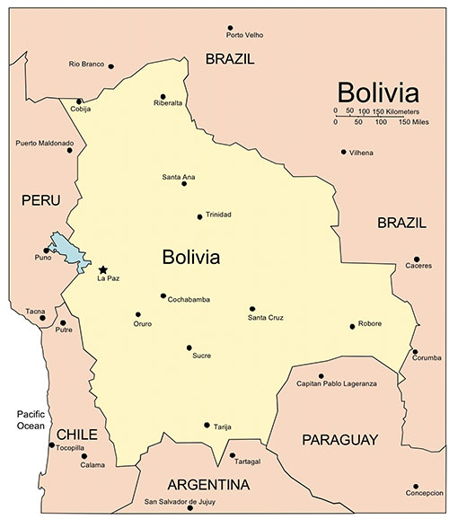 Bolivia, Country Map, Capital City, Names. Editable in PowerPoint and Adobe Illustrator, plus JPG