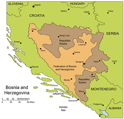 Bosnia Herzegovina Country Map, Administrative Districts, Capitals. Capitals and names. Edit with PowerPoint or Adobe Illustrator