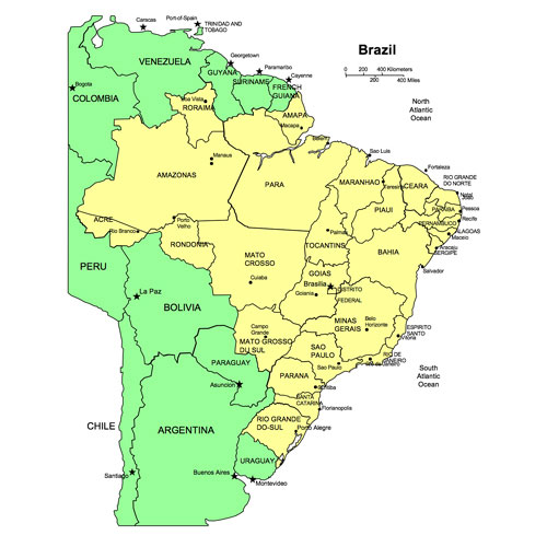Brazil, Country Map, Names. Editable in PowerPoint and Adobe Illustrator, plus JPG