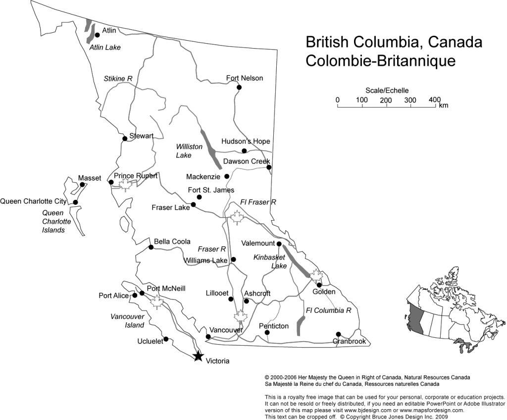 Printable, Blank Map of British Columbia, Canada Province, includes the Capital, Major Cities, Major Highways, Waterways, and Lakes, royalty-free in jpg format, Will print out to make an 8.5 x 11 map. Capital Victoria, British Columbia, Canada, other cities, Valemount, Port McNeil, Masset.