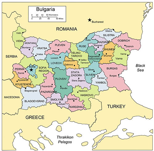 Bulgaria Country Map, Administrative Districts, Capitals. Capitals and names. Edit with PowerPoint or Adobe Illustrator