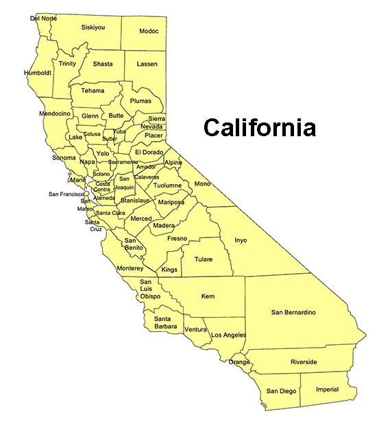 California, Editable County Map with county names
