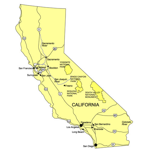 California US State PowerPoint Map, Highways, Waterways, Capital and Major Cities