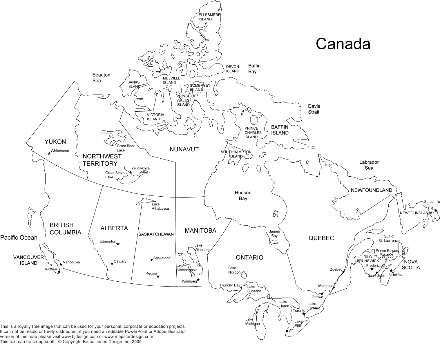 Printable, Blank Map of Canada, with Provinces, Territories, and major city names, royalty-free with jpg format major cities, Toronto, Quebec, Montreal, Vancouver, Calgary, Winnipeg, This Canadian map will print out to make an 8.5 x 11 blank Canada map.