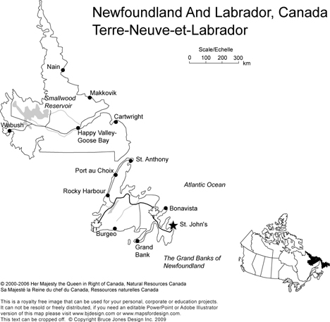 Printable, Blank Map of Newfoundland and Labrador, Canada province, includes the Capital, Major Cities, Major Highways, Waterways, and Lakes, royalty-free with jpg format, Will print out to make an 8.5 x 11 map. Capital Regina, Canada, other cities, St. John's, St. Anthony, Makkocik, Wabush.