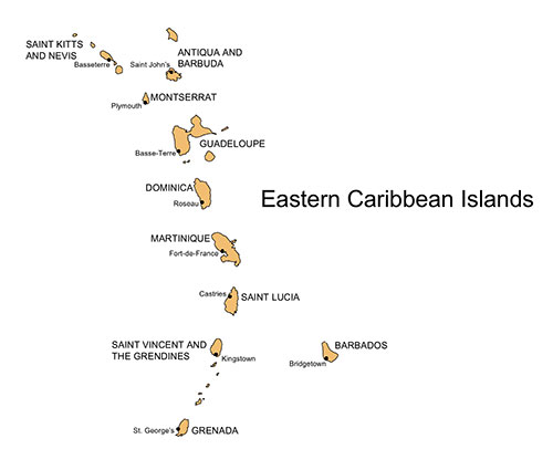 Caribbean Eastern Islands, Country Map, Island, Administrative Districts, Capitals, names. Editable in PowerPoint and Adobe Illustrator, plus JPG image