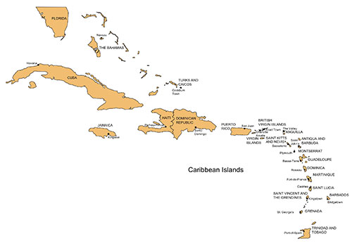 Caribbean Islands, Country Map, Island, Administrative Districts, Capitals, names. Editable in PowerPoint and Adobe Illustrator, plus JPG image