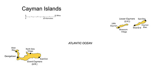 Cayman Islands, Country Map, Island, Administrative Districts, Capitals, names. Editable in PowerPoint and Adobe Illustrator, plus JPG image