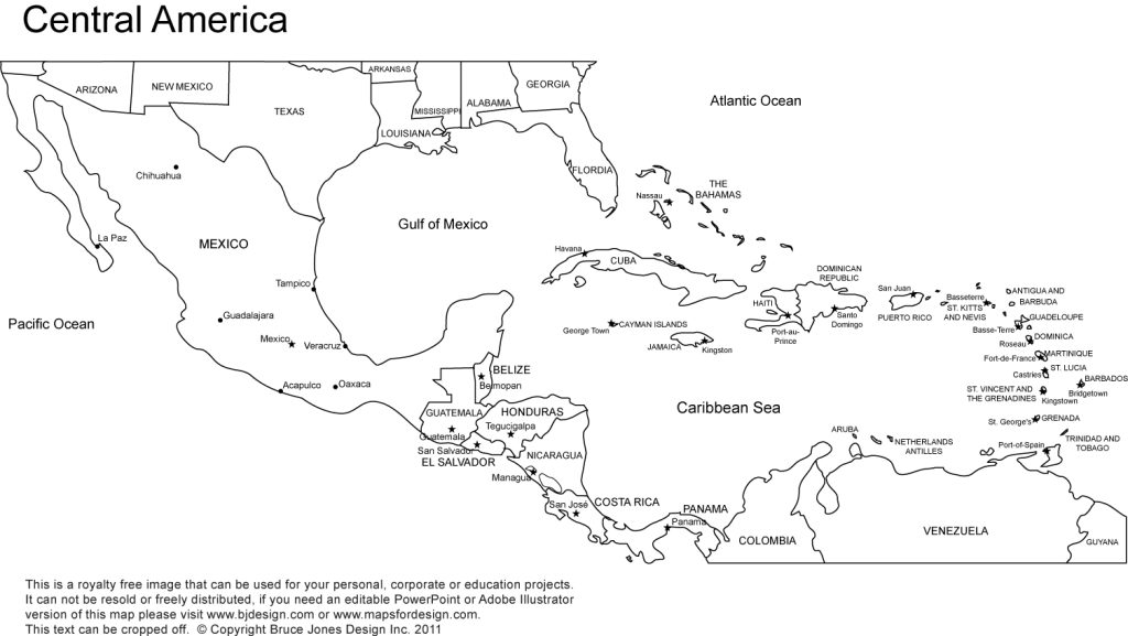 Central America Printable Blank Map, country borders and names, jpg format, This map can be printed out to make an 8.5 x 11 blank Mexico, Guatemala, Belize, Honduras, Nicaragua, Costa Rica, Panama, and Cuba. Royalty-Free.