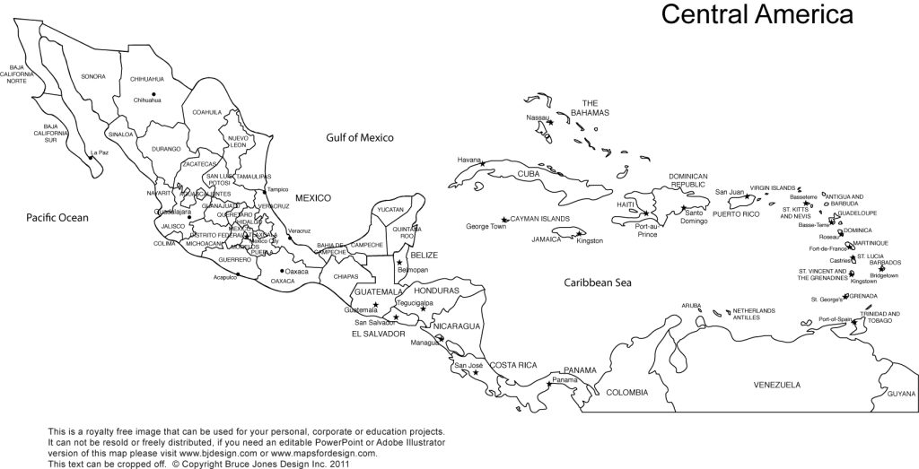 Central America Printable Blank Map, country borders and names, jpg format, This map can be printed out to make an 8.5 x 11 blank Mexico, Guatemala, Belize, Honduras, Nicaragua, Costa Rica, Panama, and Cuba. Royalty-Free. Right-click to Download