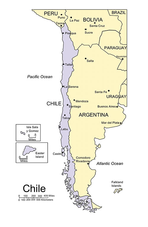Chile, Country Map, Capital City, Names. Editable in PowerPoint and Adobe Illustrator, plus JPG