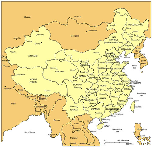 China Clip Art Map, Administrative Districts, Capitals, Surrounding Countries, Names. Edit with Powerpoint or Adobe Illustrator, Includes jpg map