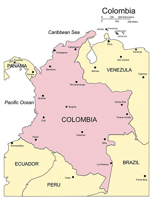Colombia, Country Map, Capital City, Names. Editable in PowerPoint and Adobe Illustrator, plus JPG