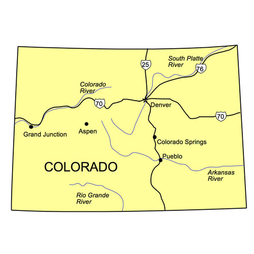 Colorado US State PowerPoint Map, Highways, Waterways, Capital and Major Cities
