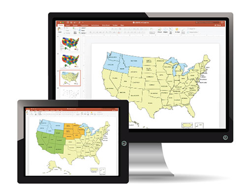 PowerPoint USA maps being edited for a presentation on a tablet and computer