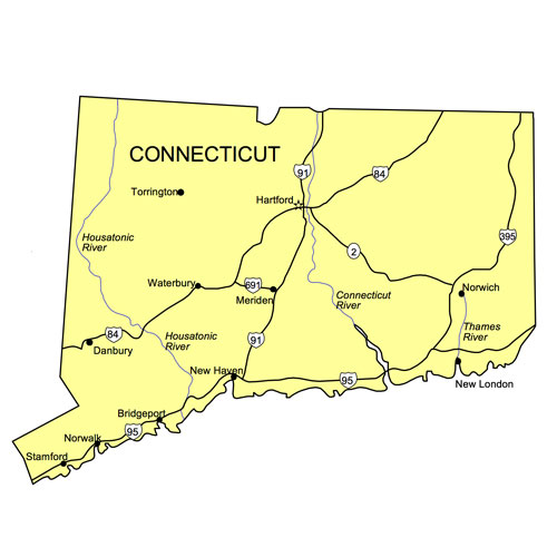 Connecticut US State PowerPoint Map, Highways, Waterways, Capital and Major Cities
