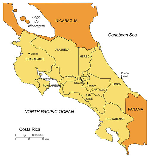 Costa Rica, Country Map, Capital City, Names. Editable in PowerPoint and Adobe Illustrator, plus JPG