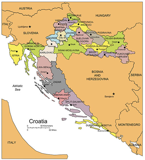 Croatia Country Map, Administrative Districts, Capitals. Names. Edit with PowerPoint or Adobe Illustrator, includes a JPG version