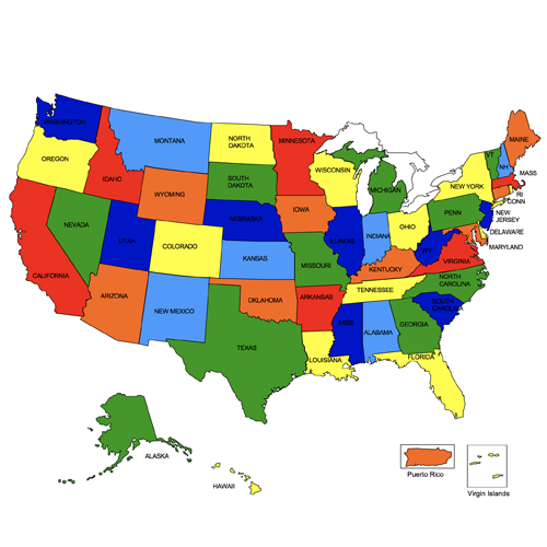 USA PowerPoint and Adobe Illustrator Clip Art Map with 50 Editable States and full names