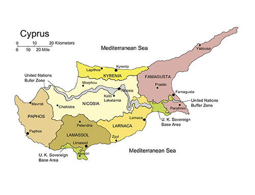 Cyprus Country Map, Administrative Districts, Capitals. Names. Edit with PowerPoint or Adobe Illustrator, includes a JPG version