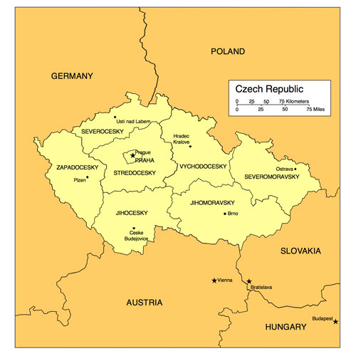 Czech Republic Country Map, Administrative Districts, Capitals. Names. Edit with PowerPoint or Adobe Illustrator, includes a JPG version