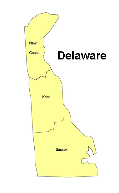 Delaware State County Map, with names, printable, royalty-free, jpg format.