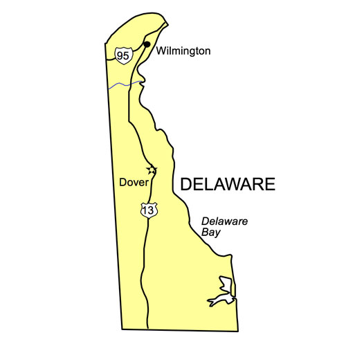 Delaware US State PowerPoint Map, Highways, Waterways, Capital and Major Cities