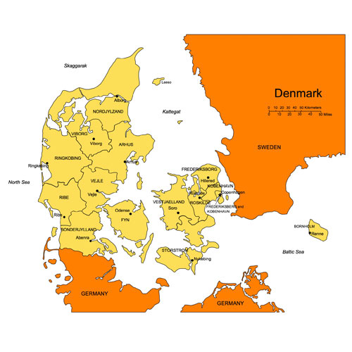 Denmark Country Map, Administrative Districts, Capitals. Names. Edit with PowerPoint or Adobe Illustrator, includes a JPG version